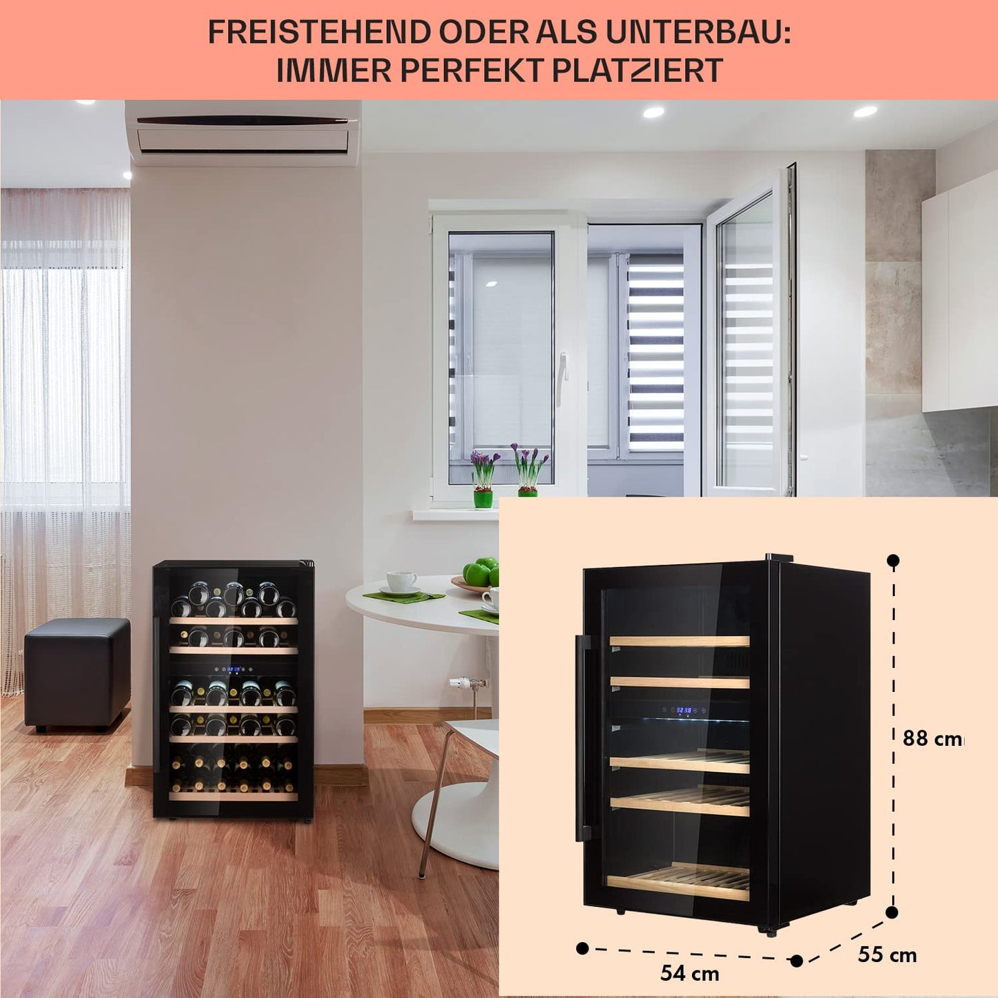Klarstein Weinkühlschrank, Getränkekühlschrank Schmal, 2 Zonen Kühlschrank mit Glastür, Getränkekühlschränke Freistehend, Weinkühlschrank Klein, Weinkühlschränke mit UV-Schutz, 5-22 °C, 29 Flaschen