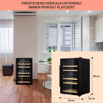 Klarstein Weinkühlschrank, Getränkekühlschrank Schmal, 2 Zonen Kühlschrank mit Glastür, Getränkekühlschränke Freistehend, Weinkühlschrank Klein, Weinkühlschränke mit UV-Schutz, 5-22 °C, 29 Flaschen