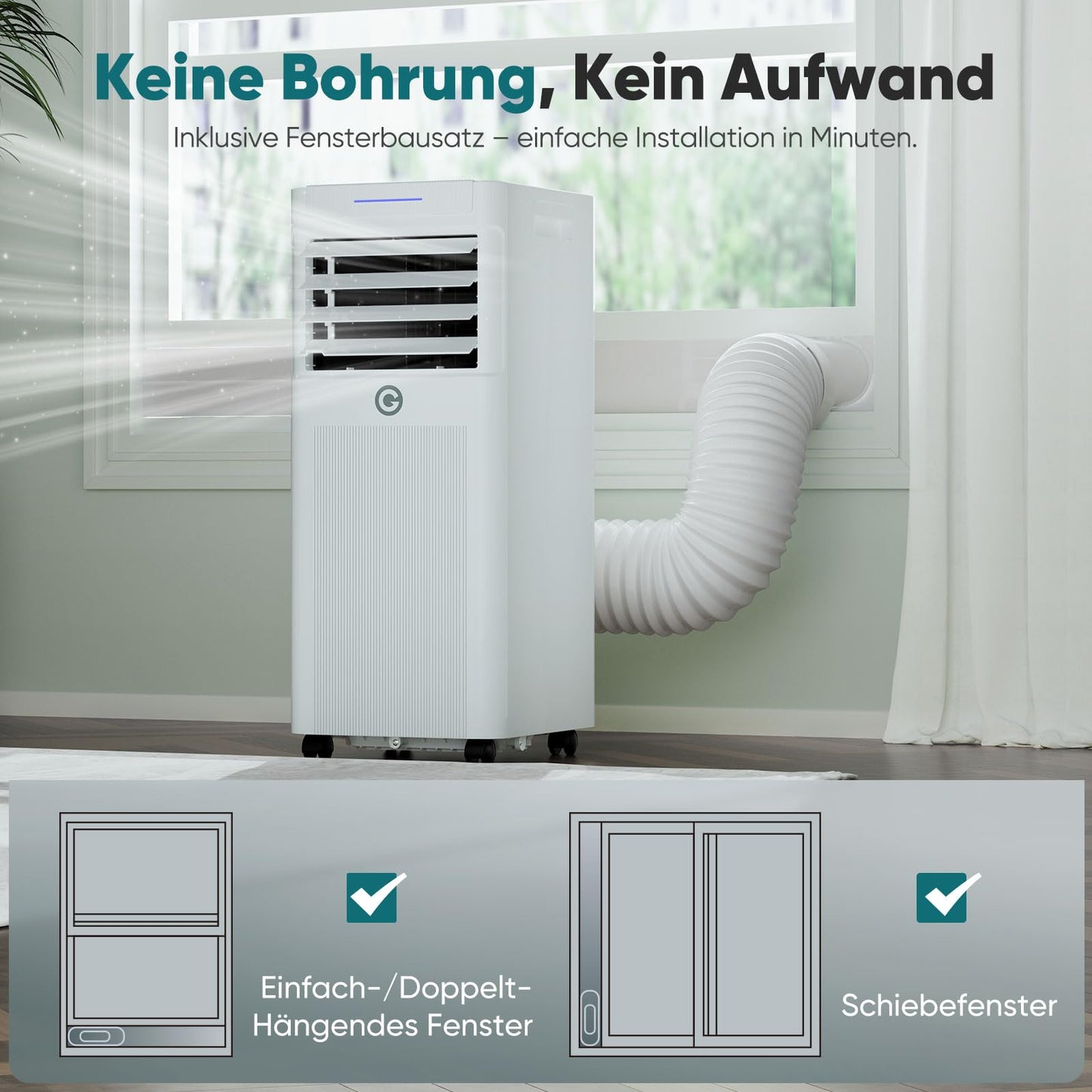 Mobile Klimaanlage 9000 BTU, 3-in-1, bis 33 m², LED-Display, Fernbedienung, Timer, mit Abluftschlauch