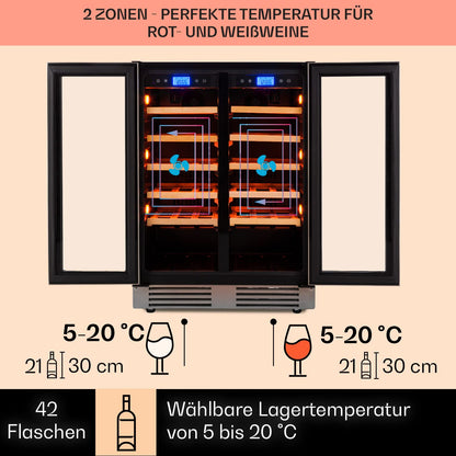 Klarstein Einbau-Weinkühlschrank, 2 Zonen Getränkekühlschrank Klein, Kleiner Weinschrank 126L, Wein-Kühlschrank Klein mit Glastür, Indoor/Outdoor Flaschenkühlschrank, Wine Fridge für 42 Flaschen