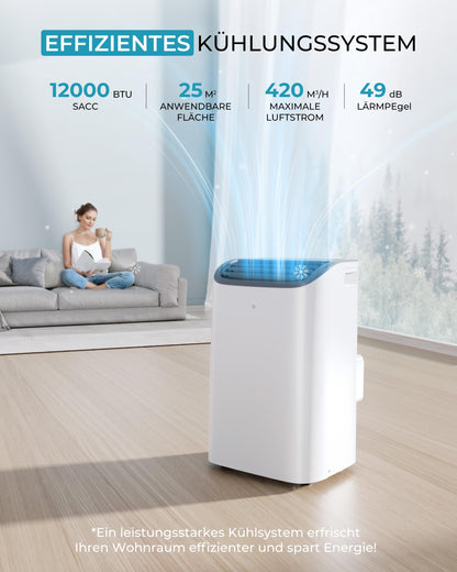 EUHOMY Mobile Klimaanlage, 12000 BTU, 3-in-1, 410 m³/h, Energieklasse A, <50 dB, 24h-Timer