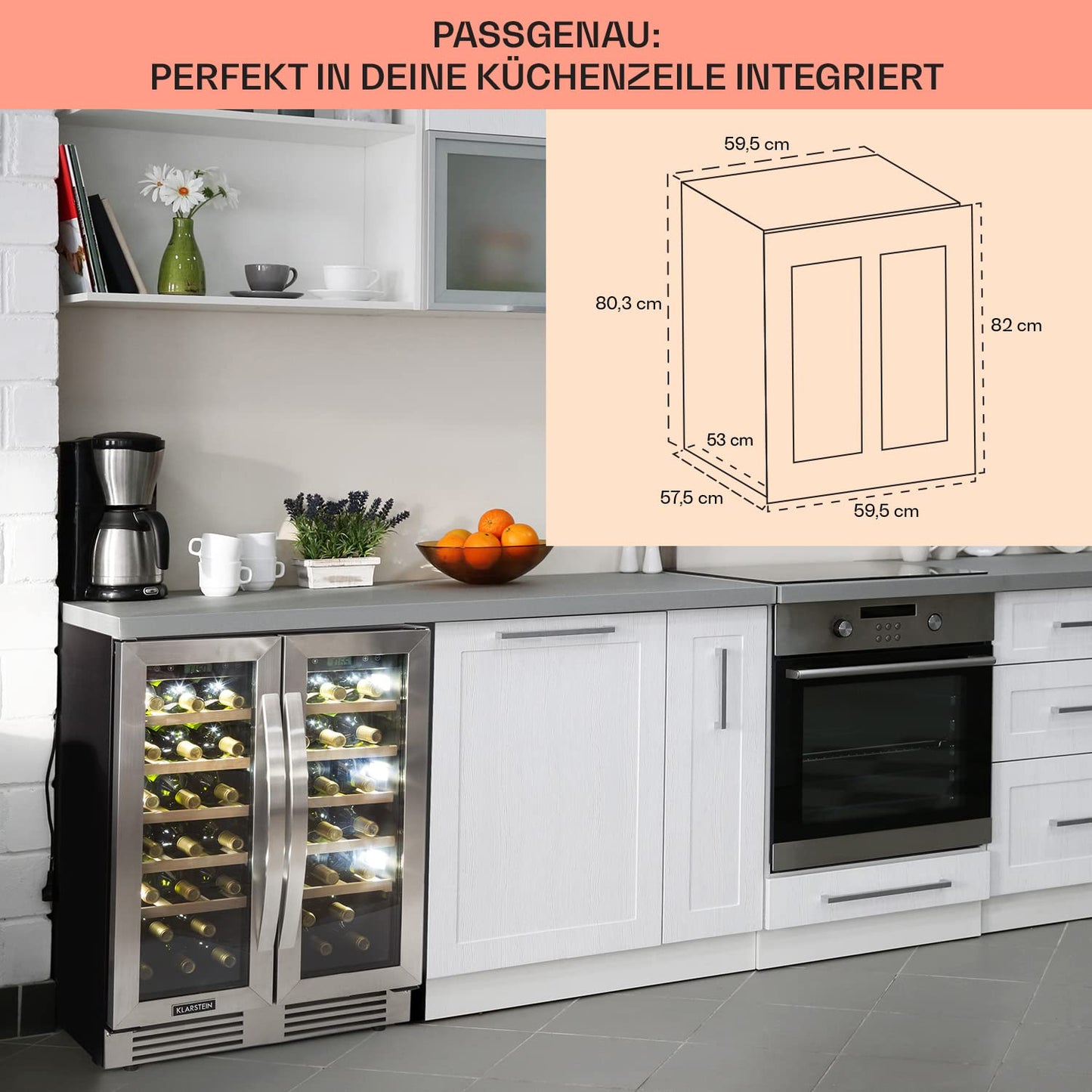 Klarstein Einbau-Weinkühlschrank, 2 Zonen Getränkekühlschrank Klein, Kleiner Weinschrank 126L, Wein-Kühlschrank Klein mit Glastür, Indoor/Outdoor Flaschenkühlschrank, Wine Fridge für 42 Flaschen