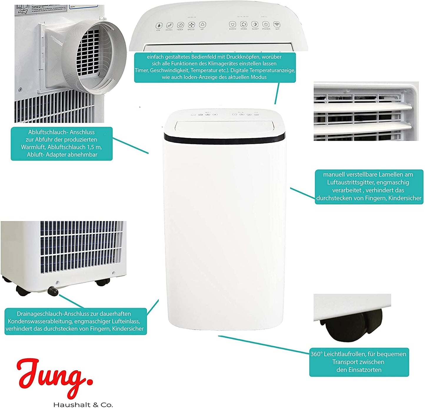 Jung AIR TV07 Mobile Klimaanlage, 14000 BTU, 4,1 kW, bis 140 m³, Fernbedienung, Timer, Klasse A