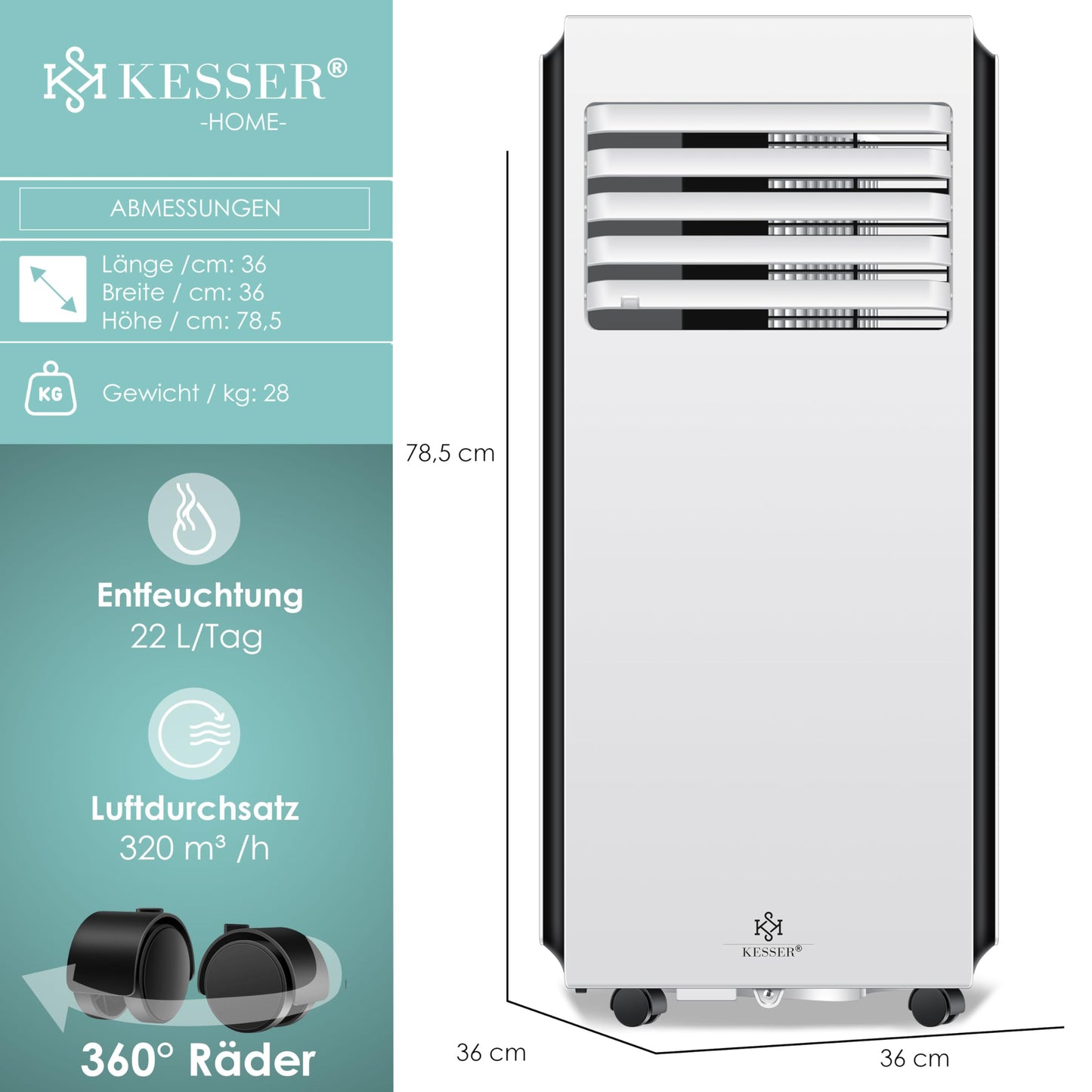 KESSER® Mobile Klimaanlage 4in1, 9000 BTU, 1005 W, Entfeuchter & Ventilator, Timer, Nachtmodus