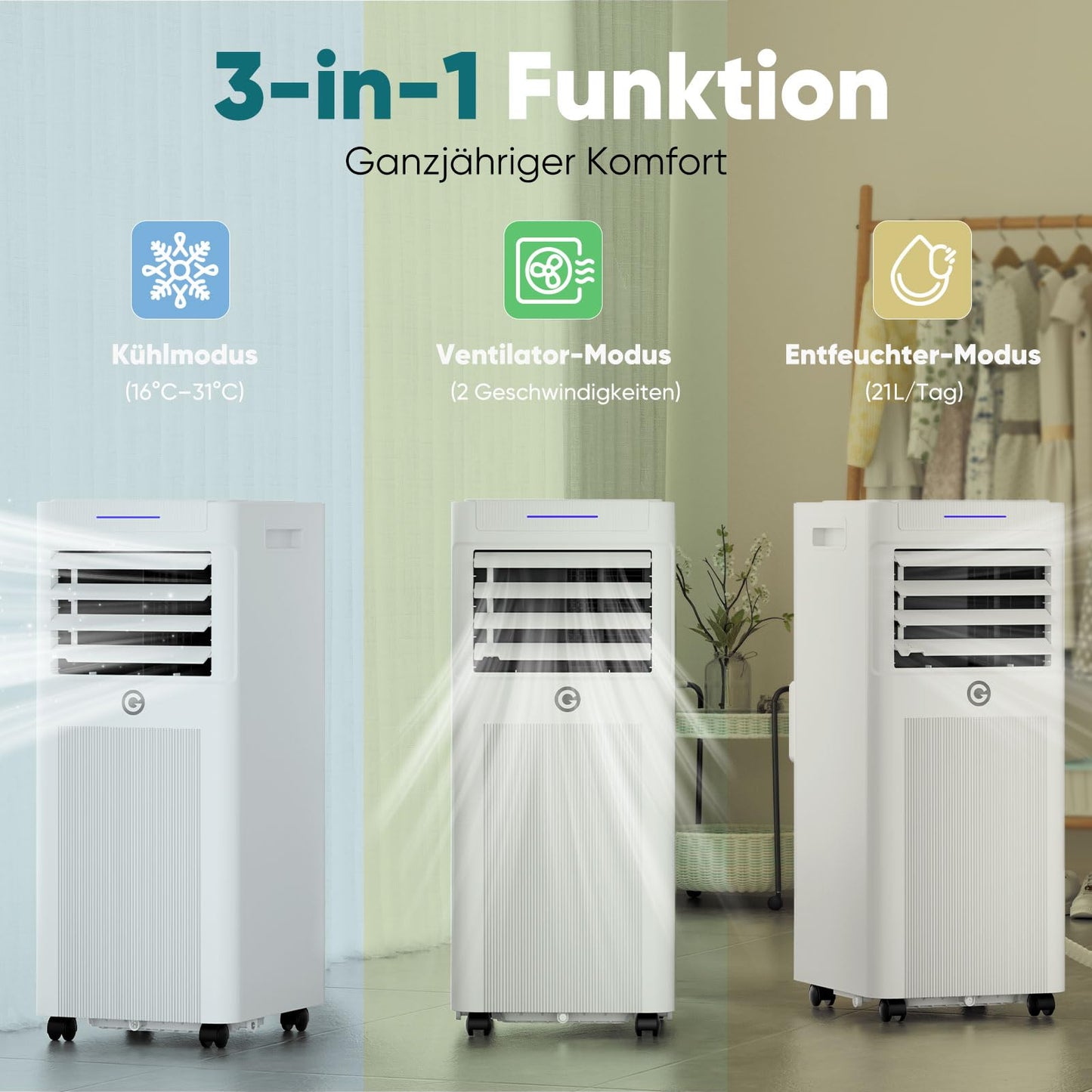 Mobile Klimaanlage 9000 BTU, 3-in-1, bis 33 m², LED-Display, Fernbedienung, Timer, mit Abluftschlauch