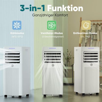 Mobile Klimaanlage 9000 BTU, 3-in-1, bis 33 m², LED-Display, Fernbedienung, Timer, mit Abluftschlauch