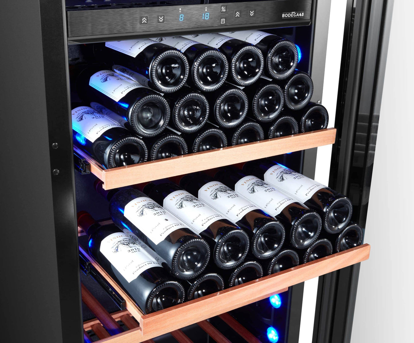 BODEGA43-100 Großer Einbau Weinkühlschrank - Weinklimaschrank mit 2 Zonen - 100 Flaschen, geringer Energieverbrauch 161 kWh, Kompressorkühlung & 7 ausschiebbare Auflageflächen aus Birkenholz