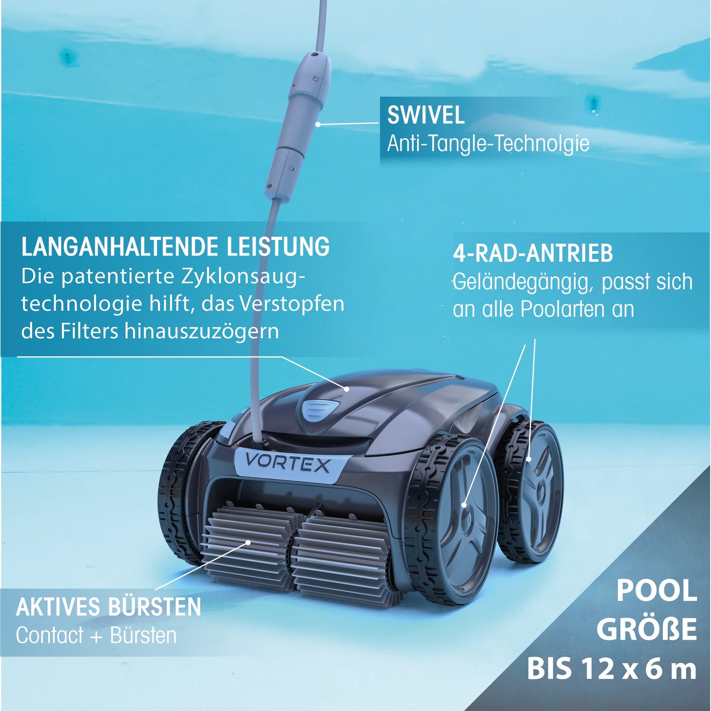 Automatischer Poolroboter Zodiac Vortex 4WD. Bis zu 12x6 m, reinigt Boden, Wände und Wasserlinie