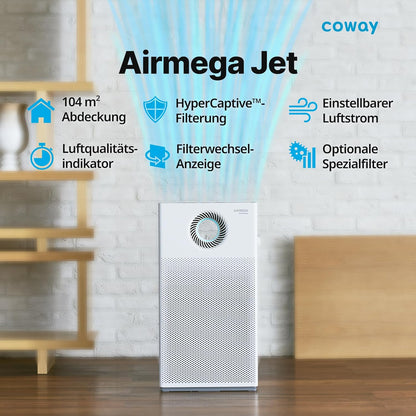 COWAY Luftreiniger Allergiker, MegaJet Technologie, Entfernt 99,999% der schädlichen Partikel bis zu 0,01 µm, für Allergie (ECARF Siegel) Staub Pollen Haustier, CADR 402m³/h - AIRMEGA JET