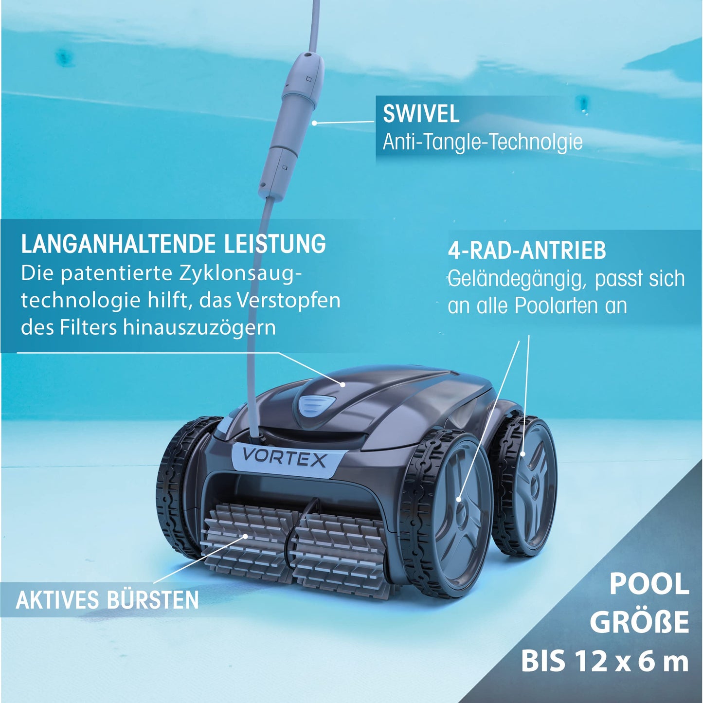 Automatischer Poolroboter Zodiac VORTEX 4WD. Bis zu 12x6 m, reinigt Boden, Wände und Wasserlinie. Fernbedienung und Lift System über App