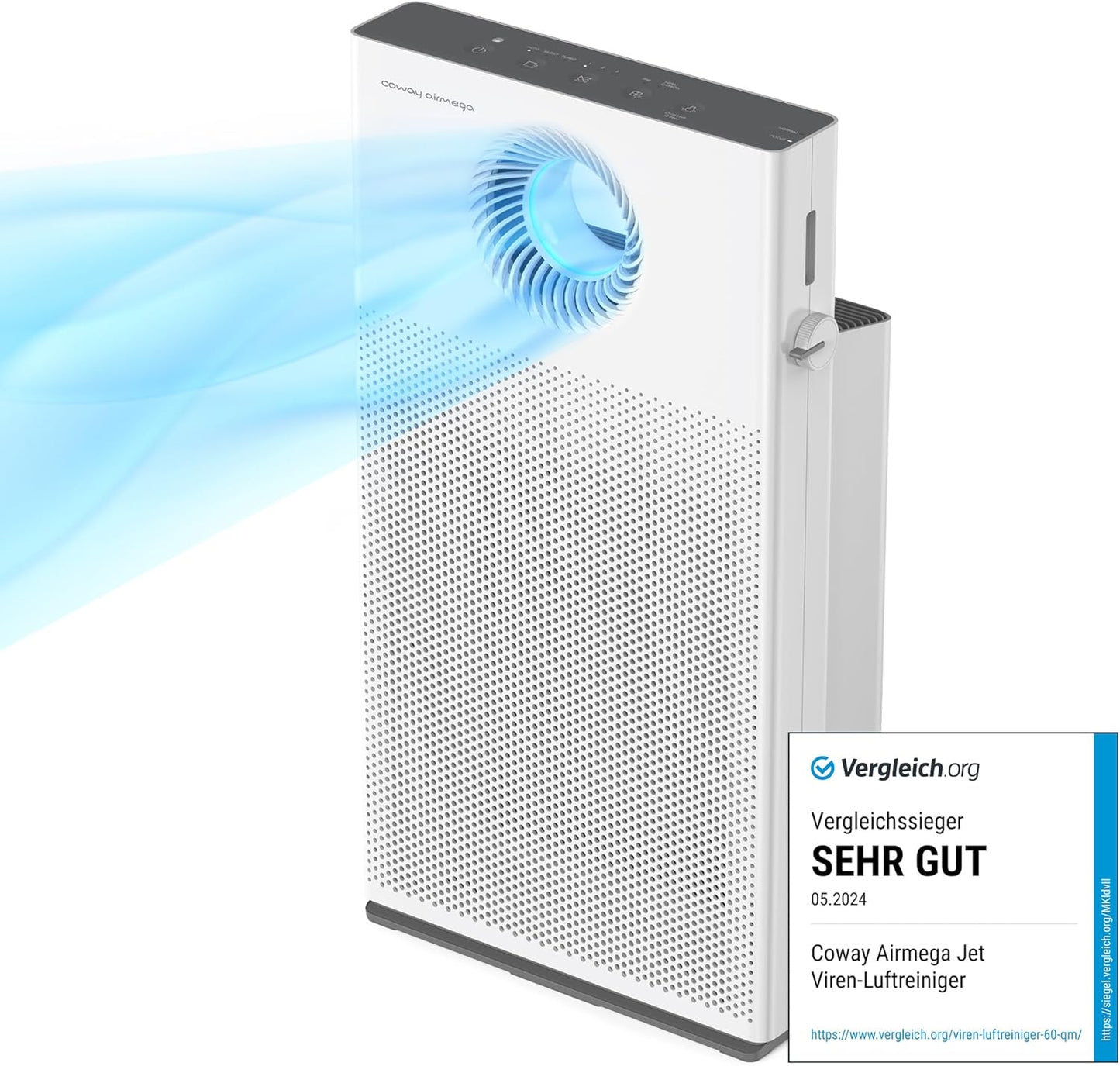 COWAY Luftreiniger Allergiker, MegaJet Technologie, Entfernt 99,999% der schädlichen Partikel bis zu 0,01 µm, für Allergie (ECARF Siegel) Staub Pollen Haustier, CADR 402m³/h - AIRMEGA JET