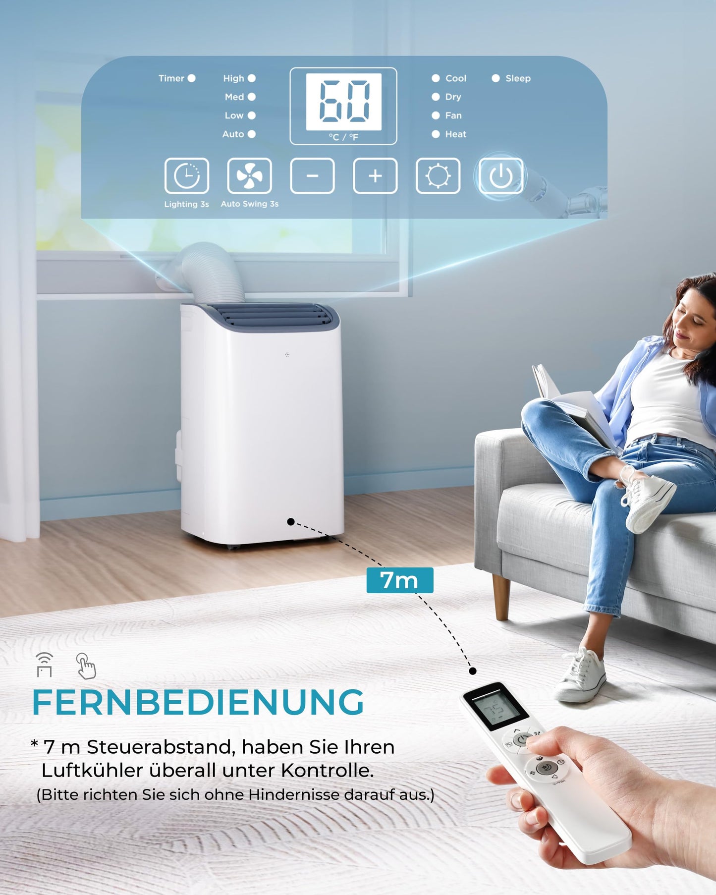 EUHOMY Mobile Klimaanlage, 12000 BTU, 3-in-1, 410 m³/h, Energieklasse A, <50 dB, 24h-Timer