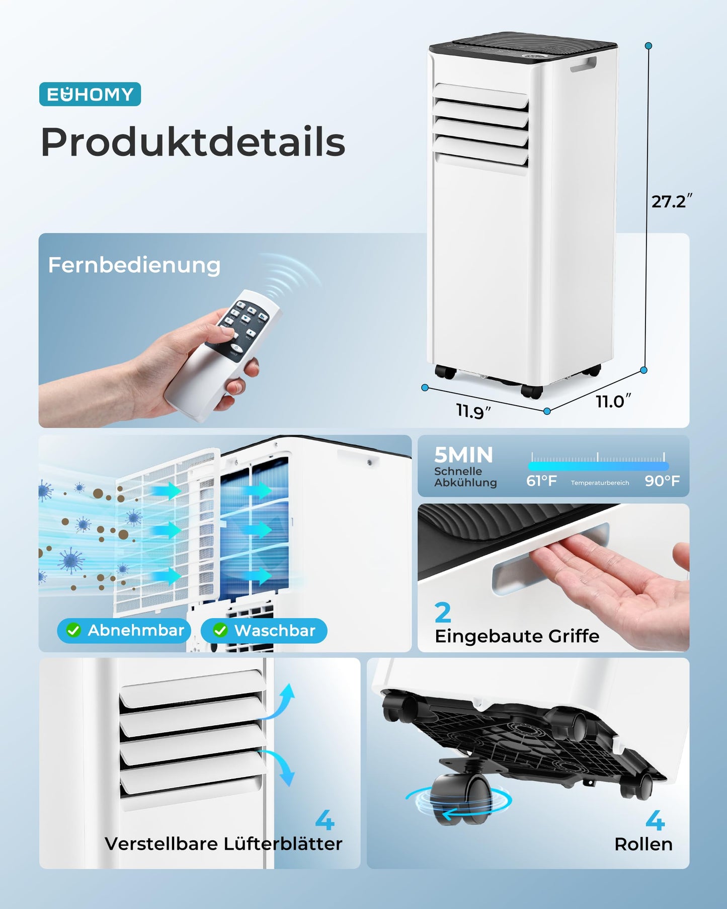 Mobile Klimaanlage 9000 BTU, 4-in-1, bis 25 m², <48 dB, Fernbedienung, Timer, Abluftschlauch