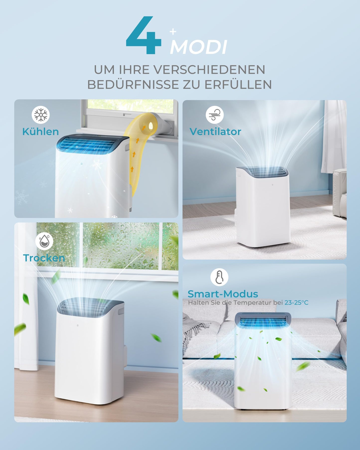 EUHOMY Mobile Klimaanlage, 12000 BTU, 3-in-1, 410 m³/h, Energieklasse A, <50 dB, 24h-Timer