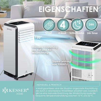 KESSER® Mobile Klimaanlage 4in1, 9000 BTU, 1005 W, Entfeuchter & Ventilator, Timer, Nachtmodus
