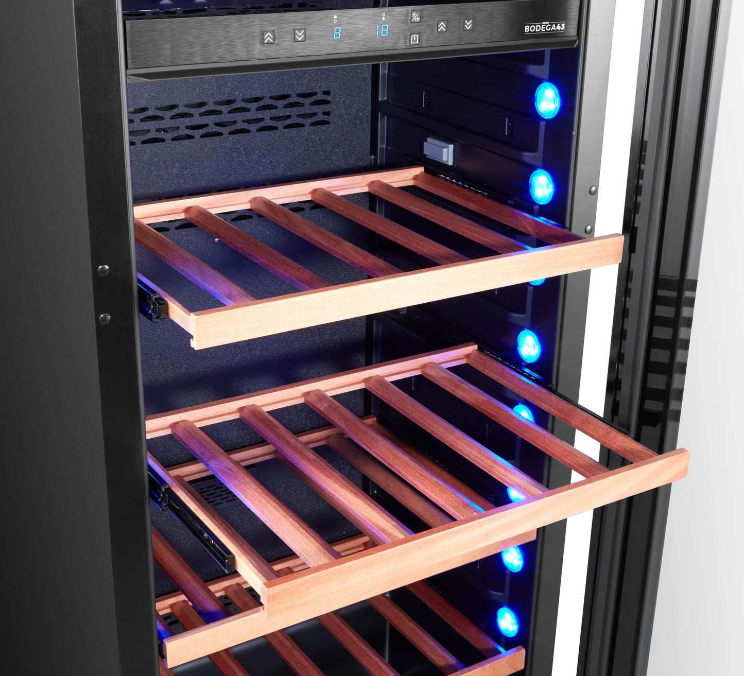 BODEGA43-100 Großer Einbau Weinkühlschrank - Weinklimaschrank mit 2 Zonen - 100 Flaschen, geringer Energieverbrauch 161 kWh, Kompressorkühlung & 7 ausschiebbare Auflageflächen aus Birkenholz