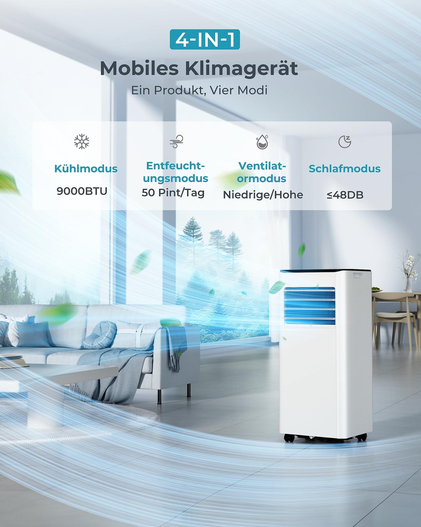 Mobile Klimaanlage 9000 BTU, 4-in-1, bis 25 m², <48 dB, Fernbedienung, Timer, Abluftschlauch