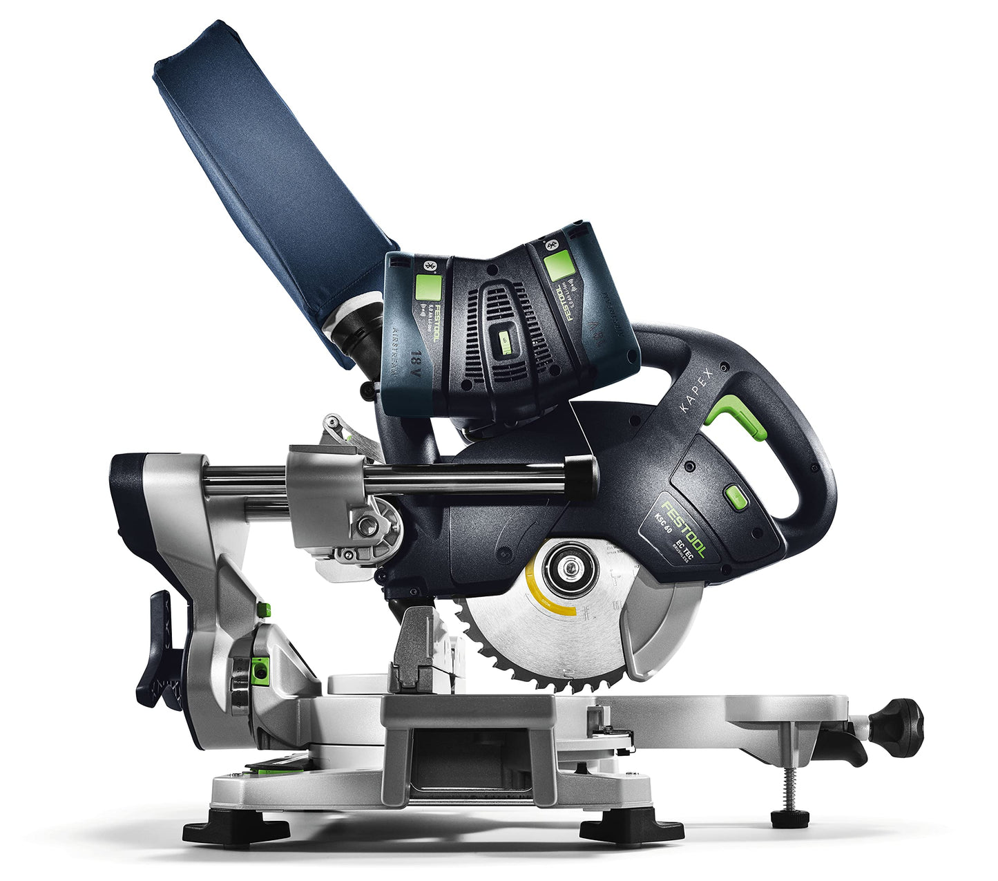 Festool Akku-Kapp-Zugsäge KSC 60 EB-Basic KAPEX (mit Sägeblatt, Schraubzwinge, LED-Schlaglicht, Winkelschmiege, Erhöhung, Staubfangbeutel, Innensechskantschlüssel)