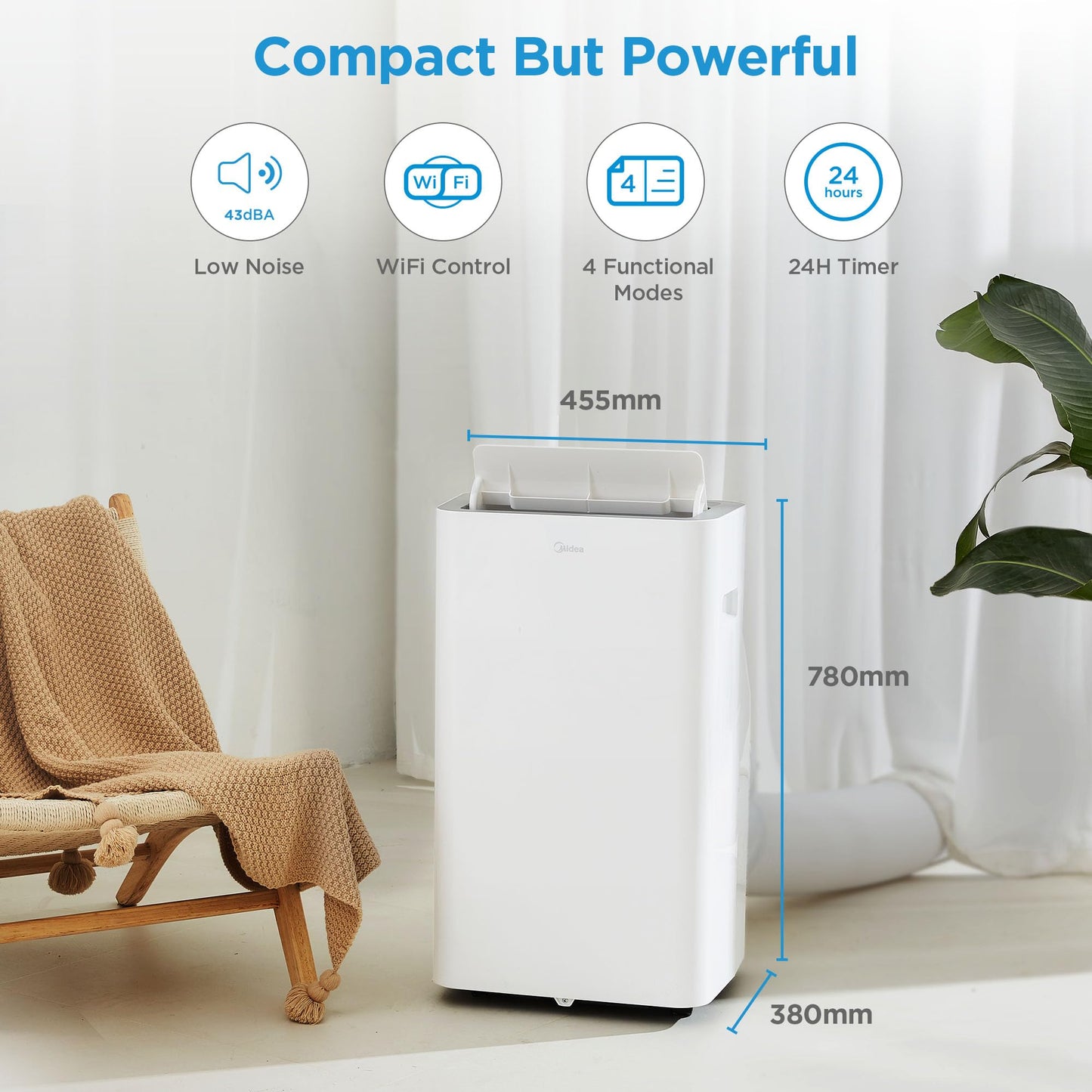 Midea Mobile Klimaanlage Silent Cool 26 Pro WF, 9000 BTU, 2,6 kW, bis 33 m², App-Steuerung, Abluftschlauch