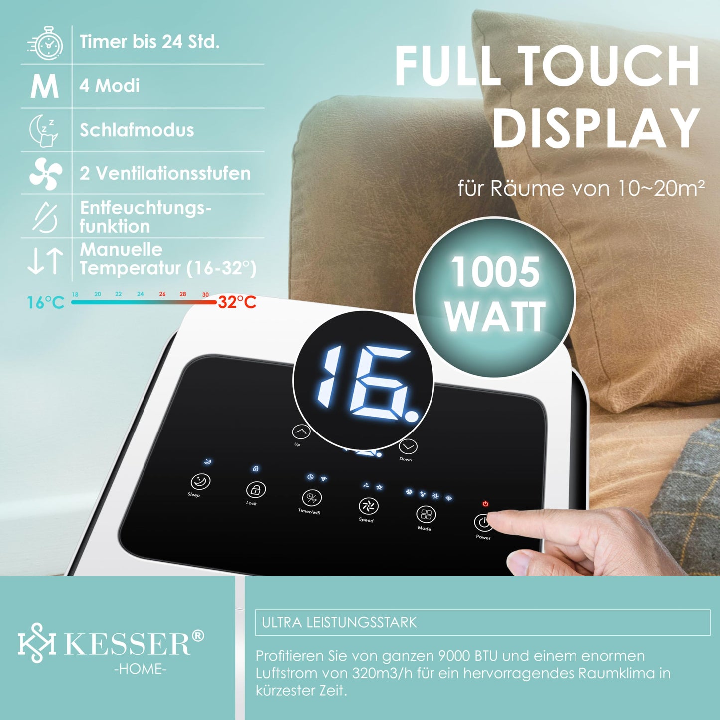 KESSER® Mobile Klimaanlage 4in1, 9000 BTU, 1005 W, Entfeuchter & Ventilator, Timer, Nachtmodus