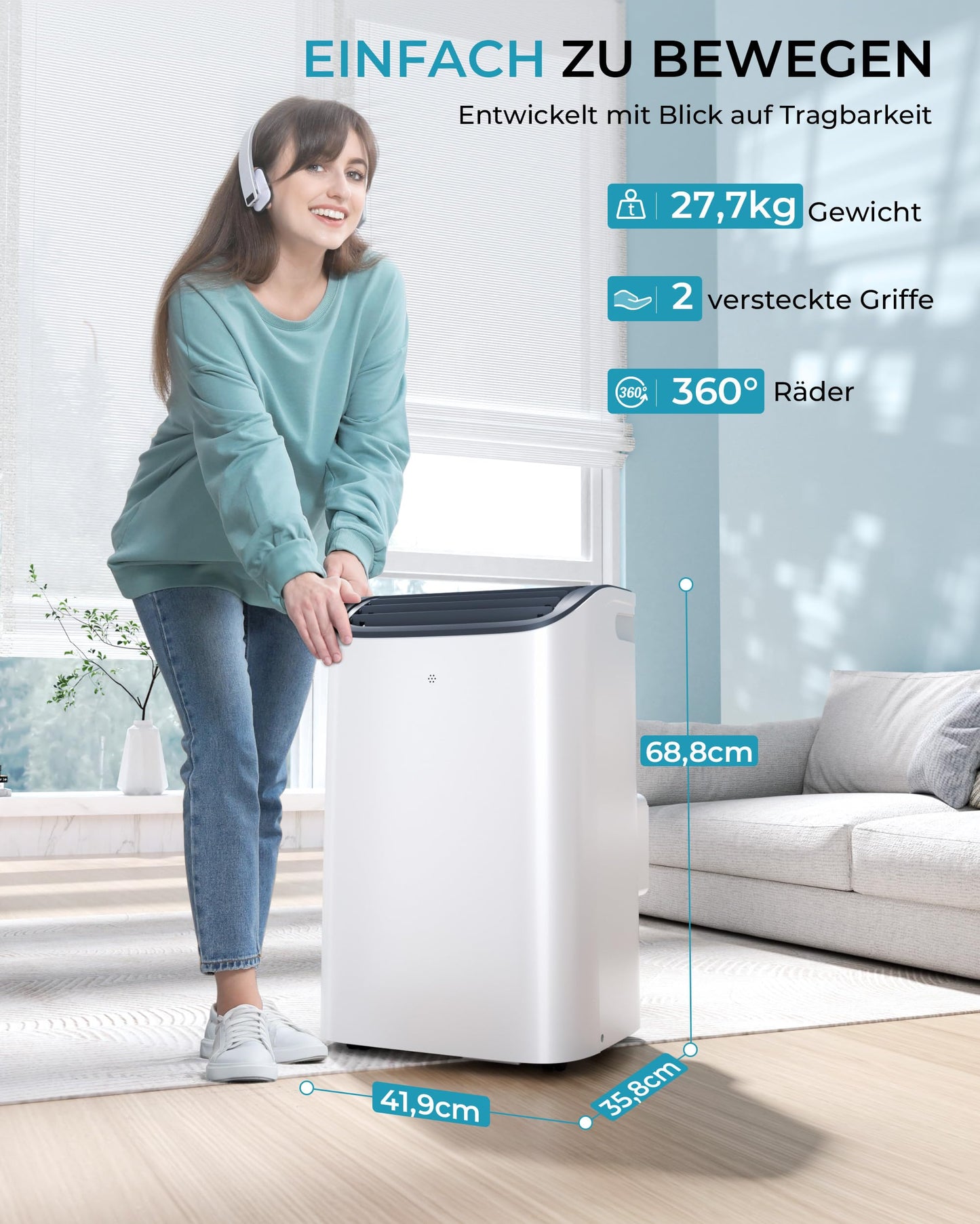 EUHOMY Mobile Klimaanlage, 12000 BTU, 3-in-1, 410 m³/h, Energieklasse A, <50 dB, 24h-Timer