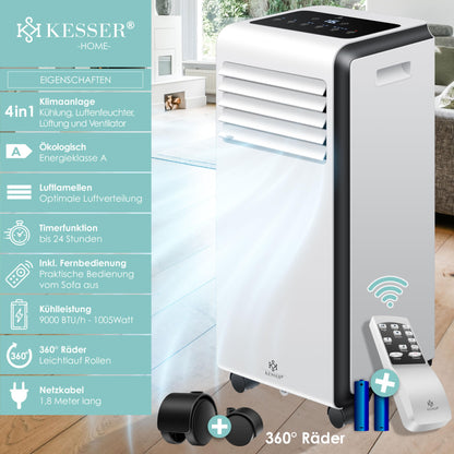 KESSER® Mobile Klimaanlage 4in1, 9000 BTU, 1005 W, Entfeuchter & Ventilator, Timer, Nachtmodus